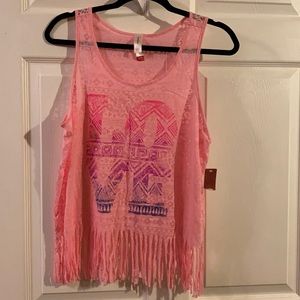 No boundaries cute pink sheer fringe top.